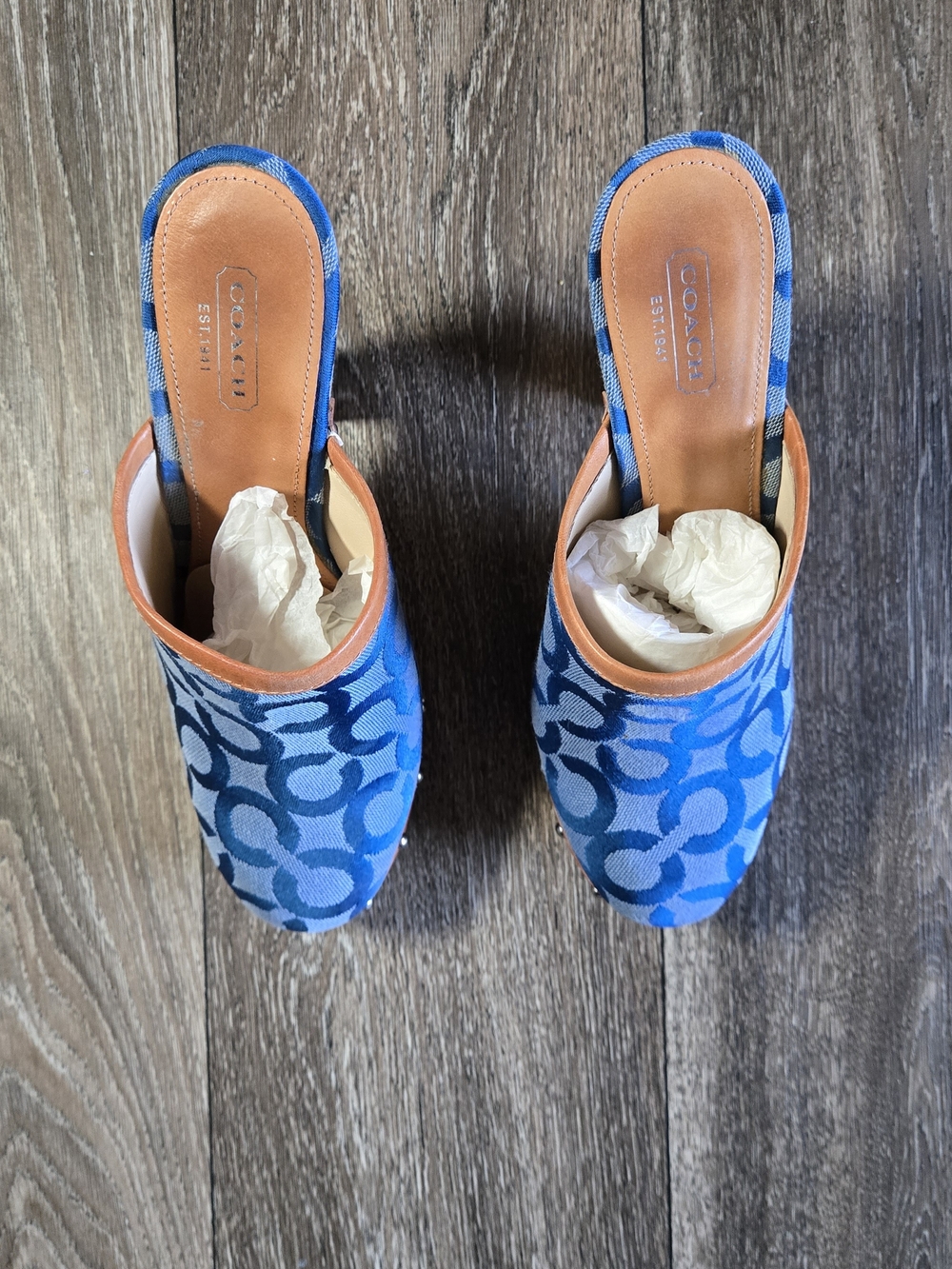 Y2K Auth COACH Blue Plaid Leather Mule/Clog With Wooden Heels - Picture 4 of 14